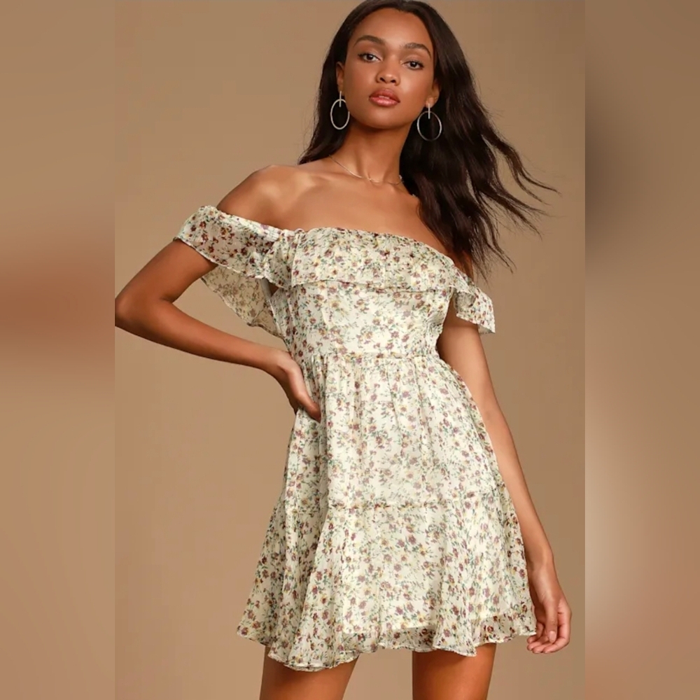 Lulus My Favorite Ivory Floral Print Off-the-shoulder Dress White - Size S - Picture 2 of 6